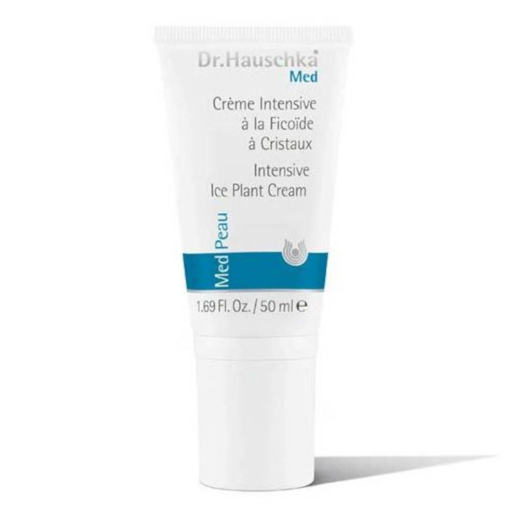 Witte tube met blauwe band. Opschrift: Dr. Hauschka Med, Crème Intensive à la Ficoïde à Cristaux, Intensive Ice Plant Cream.