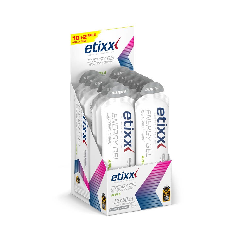 Boîte de 12 sachets Etixx Energy Gel. Inscription : Energy Gel, pomme, boisson isotonique. 10+2 gratuits.
