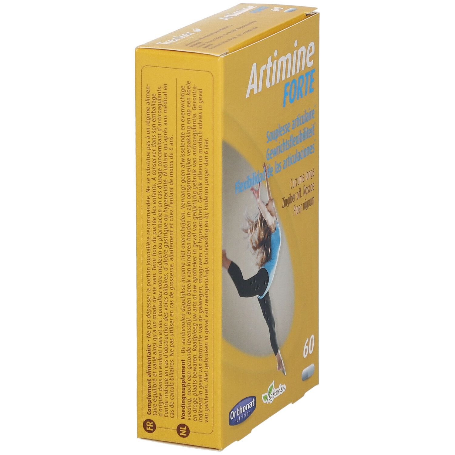 Boîte jaune "Artimine FORTE" avec une personne dansant. Contient 60 gélules. Inscriptions en plusieurs langues.