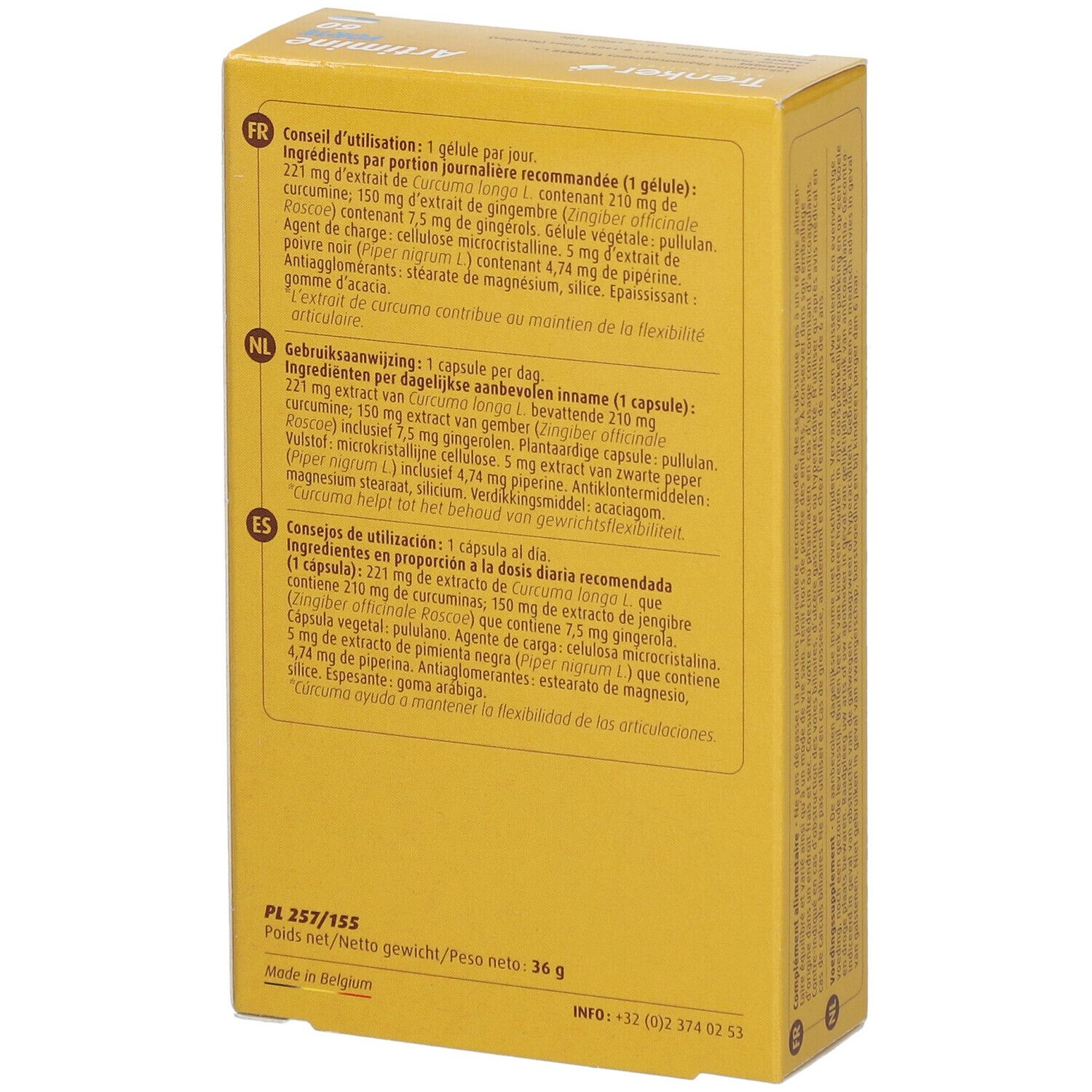 Dos de la boîte jaune avec liste des ingrédients en plusieurs langues. Informations sur les ingrédients et le dosage.