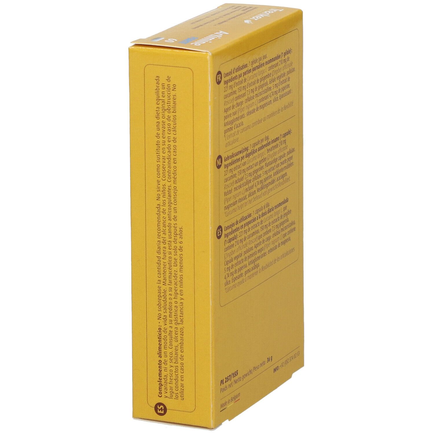 Boîte jaune avec texte multilingue. Informations sur la dose quotidienne recommandée et les avertissements.