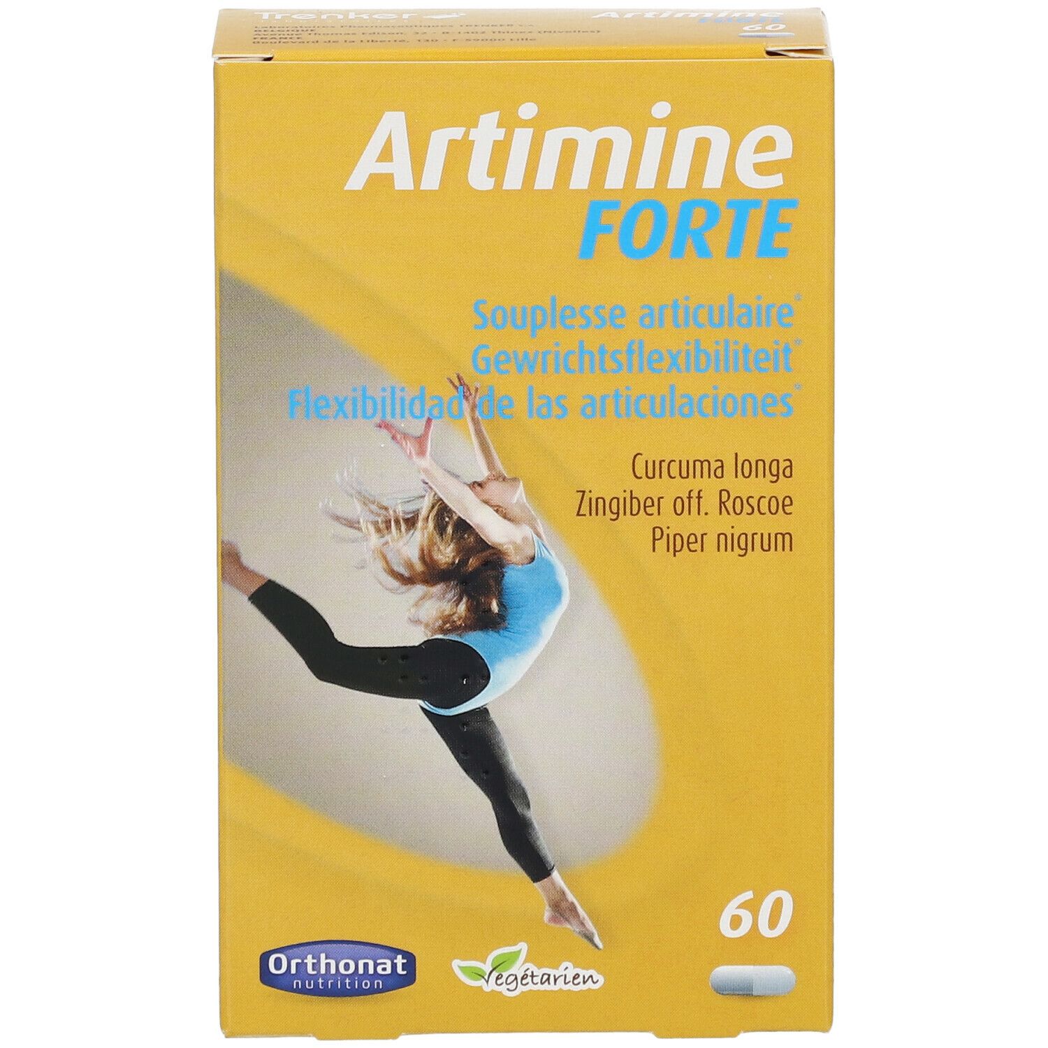 Boîte jaune "Artimine FORTE" avec une personne dansant. Contient 60 gélules. Inscriptions en plusieurs langues.