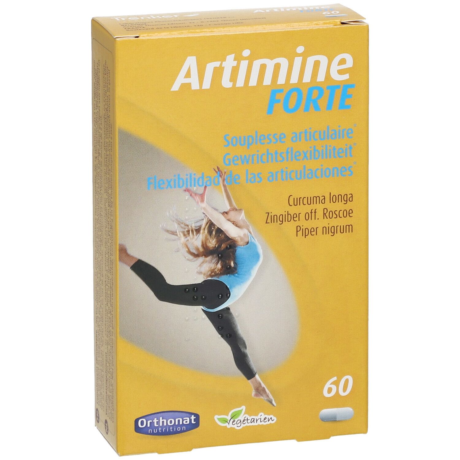 Boîte jaune "Artimine FORTE" avec une personne dansant. Contient 60 gélules. Inscriptions en plusieurs langues.