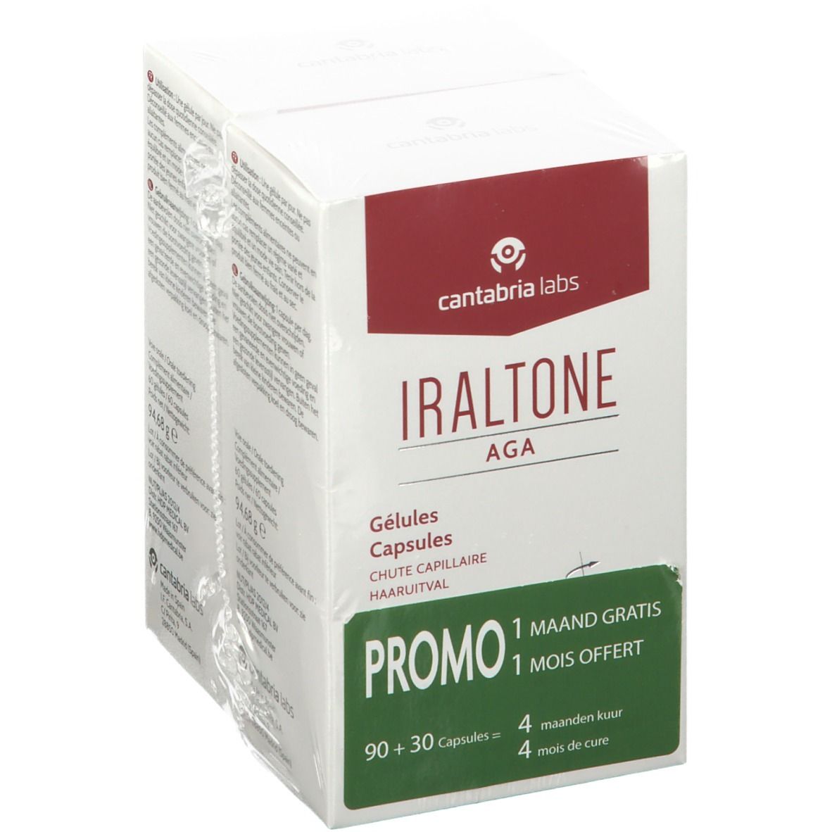Witte doos met "Iraltone AGA" en "Promo". Bevat 90+30 capsules.  Promotieverpakking.