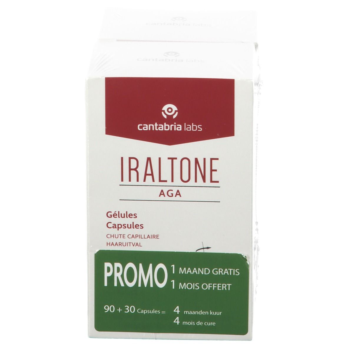 Witte doos met "Iraltone AGA" en "Promo". Bevat 90+30 capsules.  Promotieverpakking.