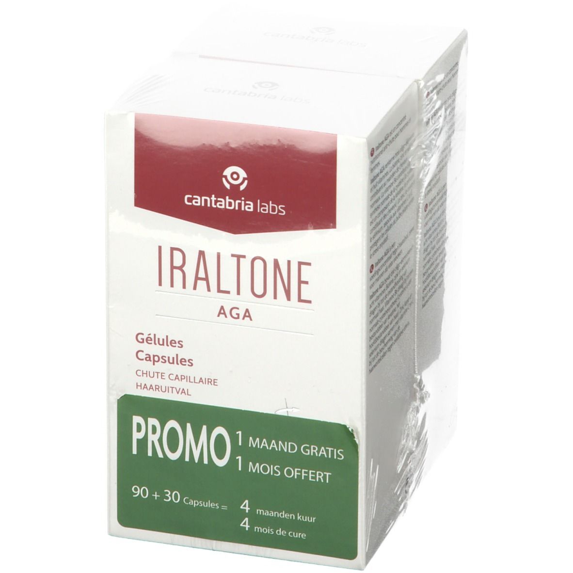 Witte doos met "Iraltone AGA" en "Promo". Bevat 90+30 capsules. Verpakt in folie.