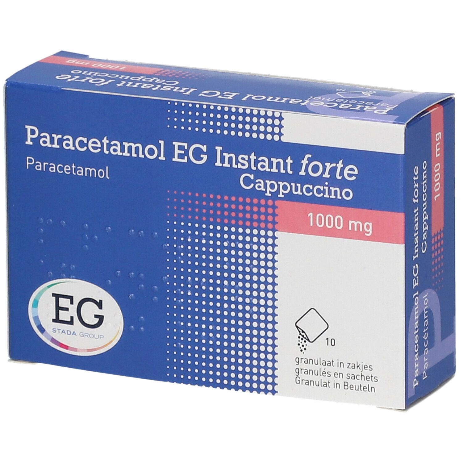 Blauw-witte doos Paracetamol EG Instant forte Cappuccino 1000 mg. EG-logo.