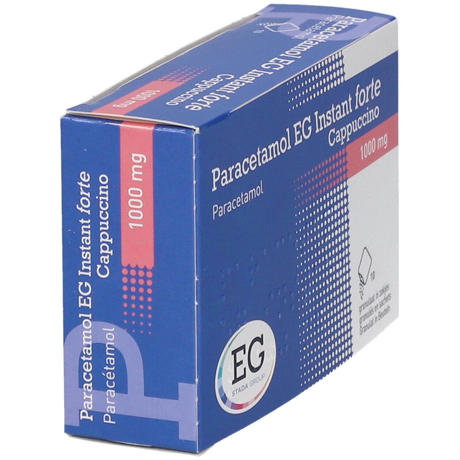Doos Paracetamol EG Instant forte Cappuccino 1000 mg. Blauw-witte verpakking. EG-logo.