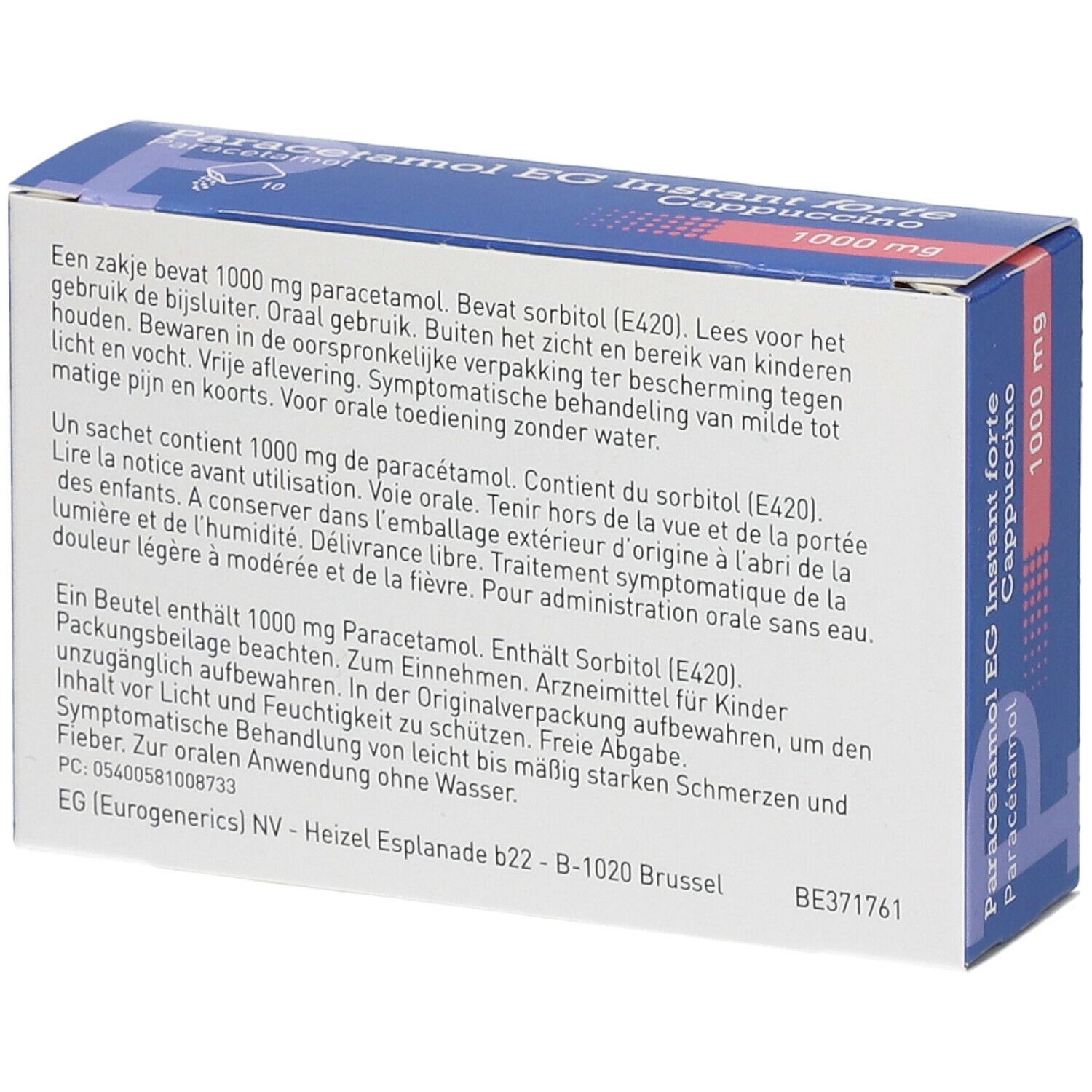 Achterkant doos Paracetamol EG Instant forte Cappuccino 1000 mg. Meertalige tekst.