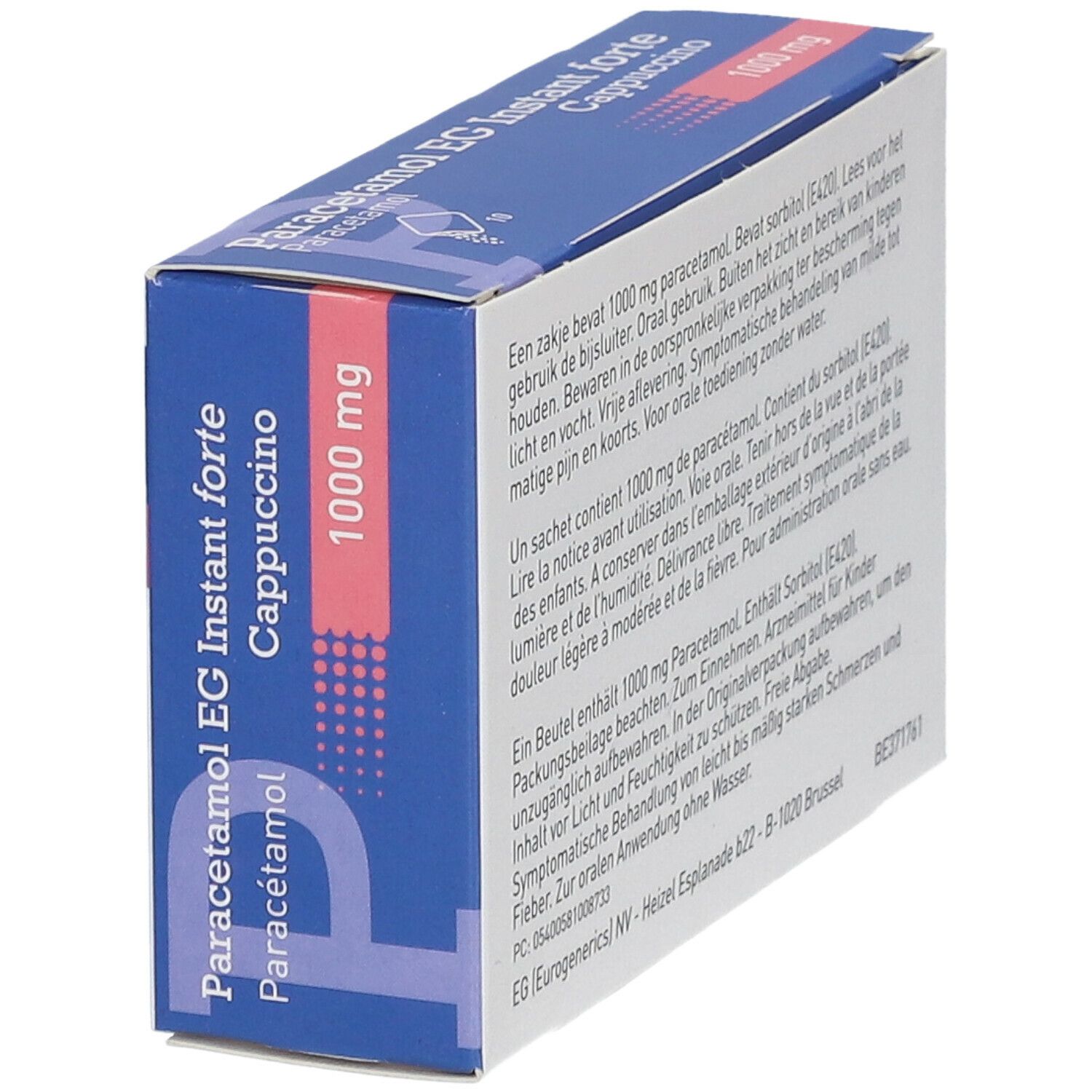 Doos Paracetamol EG Instant forte Cappuccino 1000 mg. Blauw-witte verpakking. Tekst.