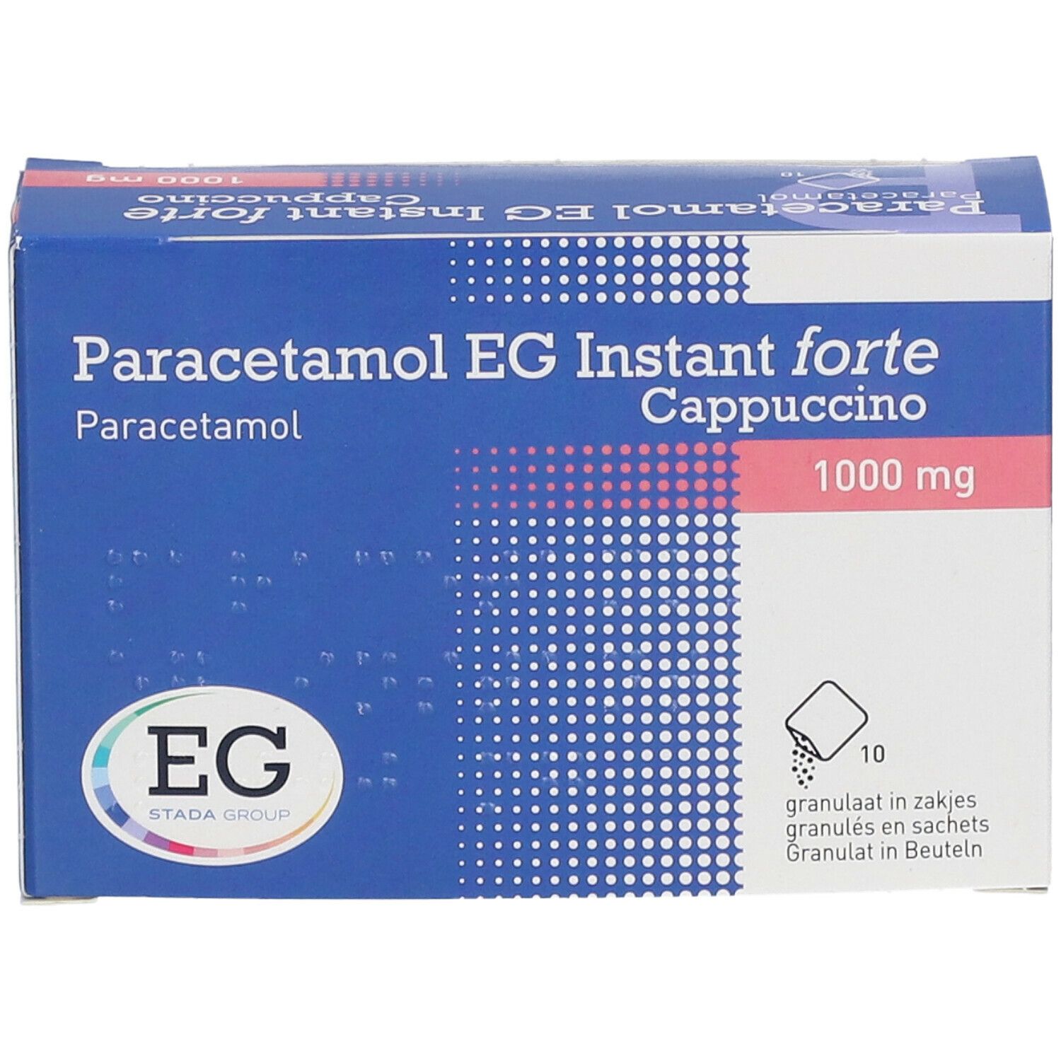Blauw-witte doos Paracetamol EG Instant forte Cappuccino 1000 mg. EG-logo. 10 zakjes.