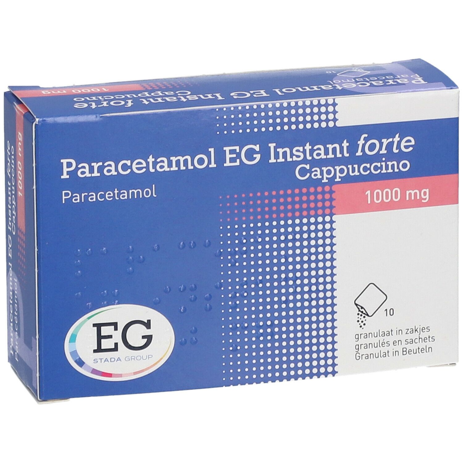 Blauw-witte doos Paracetamol EG Instant forte Cappuccino 1000 mg. EG-logo. 10 zakjes.