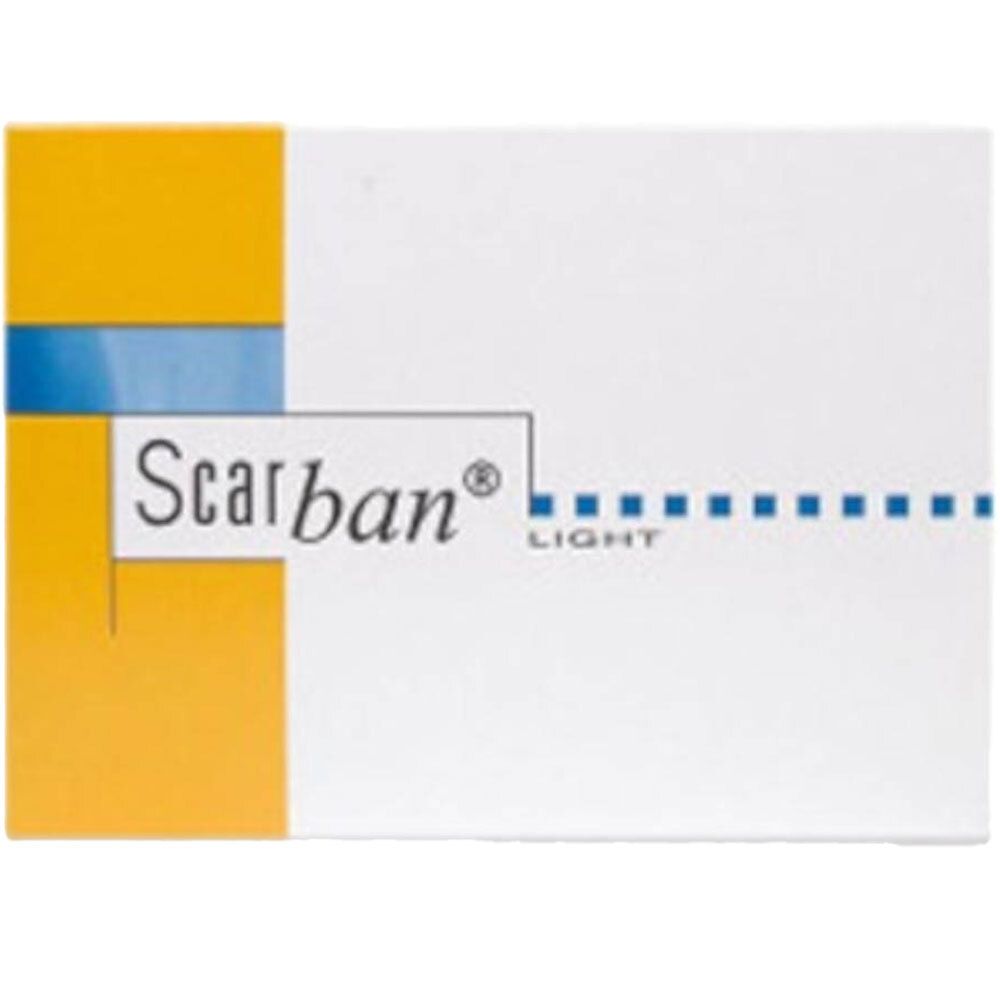 Verpakking met "Scarban Light" logo. Wit en geel. Blauwe lijn.