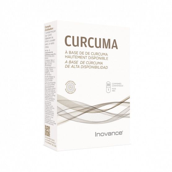 Boîte blanche CURCUMA Inovance. Contient 30 comprimés. Texte en français et espagnol.