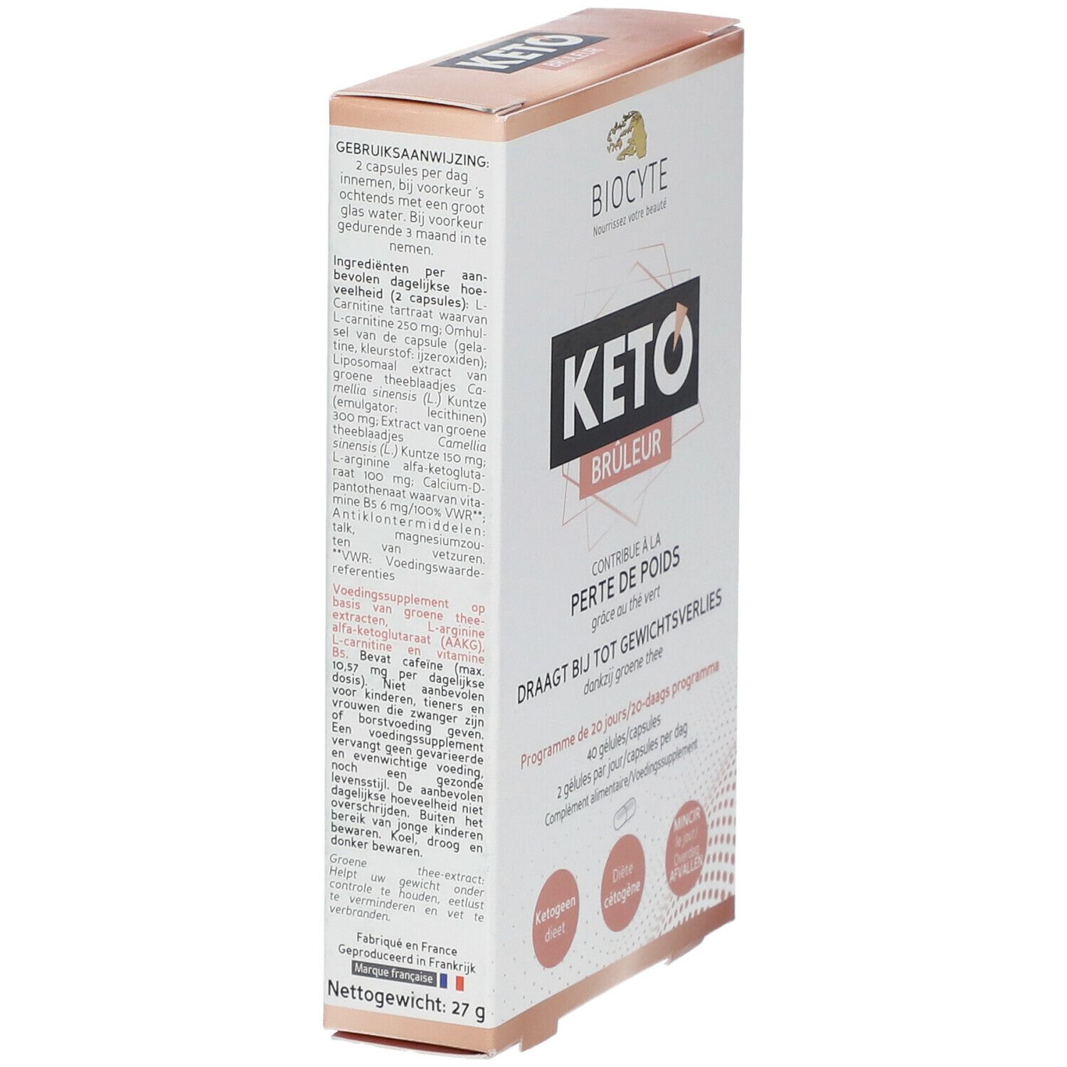 Biocyte Keto Brûleur verpakking. Zijaanzicht met ingrediënten en fabrikantinfo. Wit en roze.