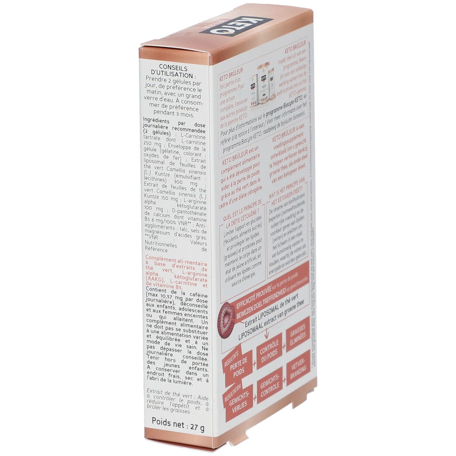 Biocyte Keto Brûleur verpakking. Achteraanzicht met gebruiksaanwijzing en ingrediënten. Wit en roze.