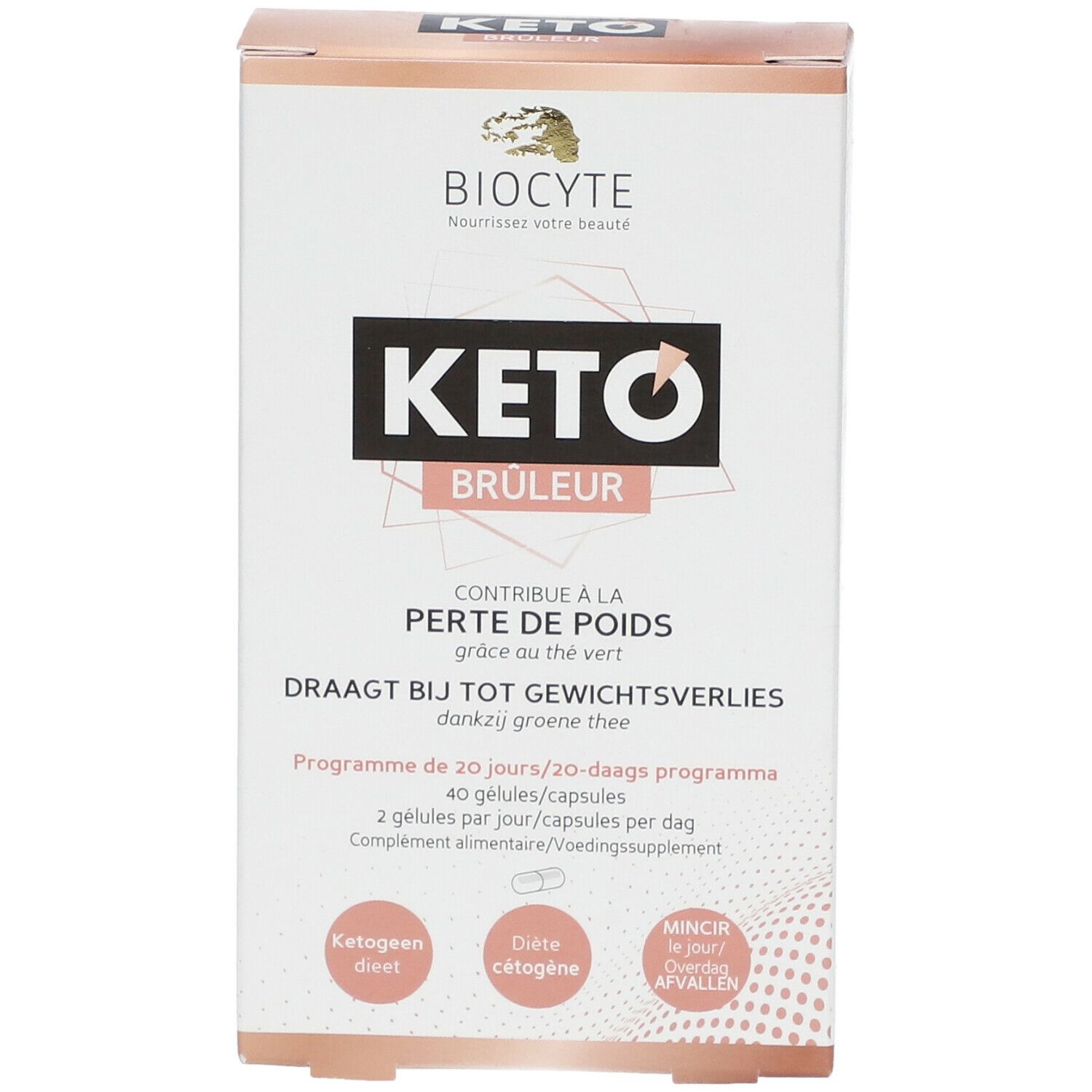 Biocyte Keto Brûleur verpakking. Vooraanzicht met productnaam en info over gewichtsverlies. Wit en roze.