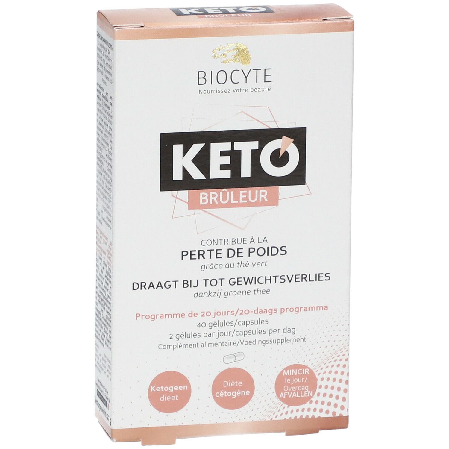 Biocyte Keto Brûleur verpakking. Vooraanzicht met productnaam en info over gewichtsverlies. Wit en roze.