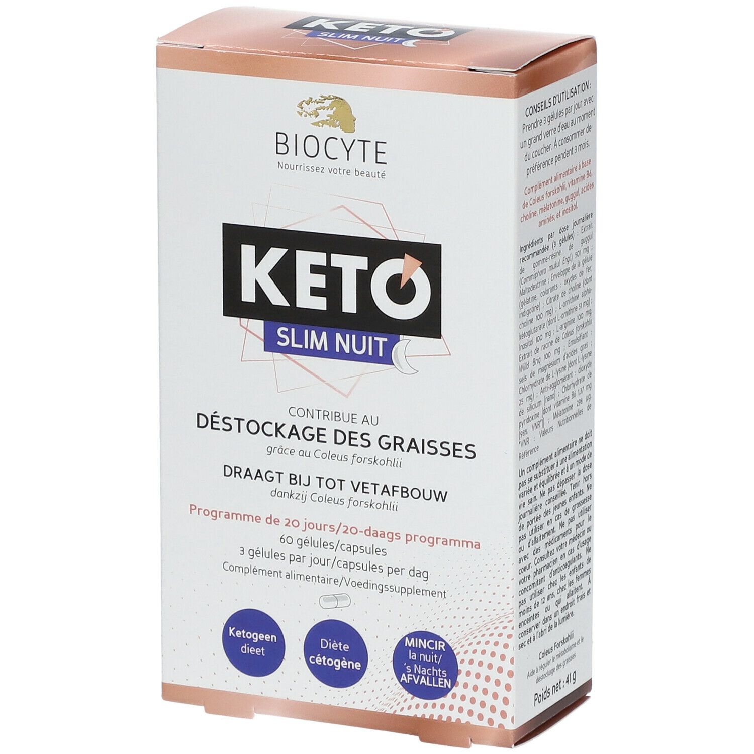 Boîte de produit avec nom et marque. Texte en français et néerlandais. Logos et informations sur le produit.