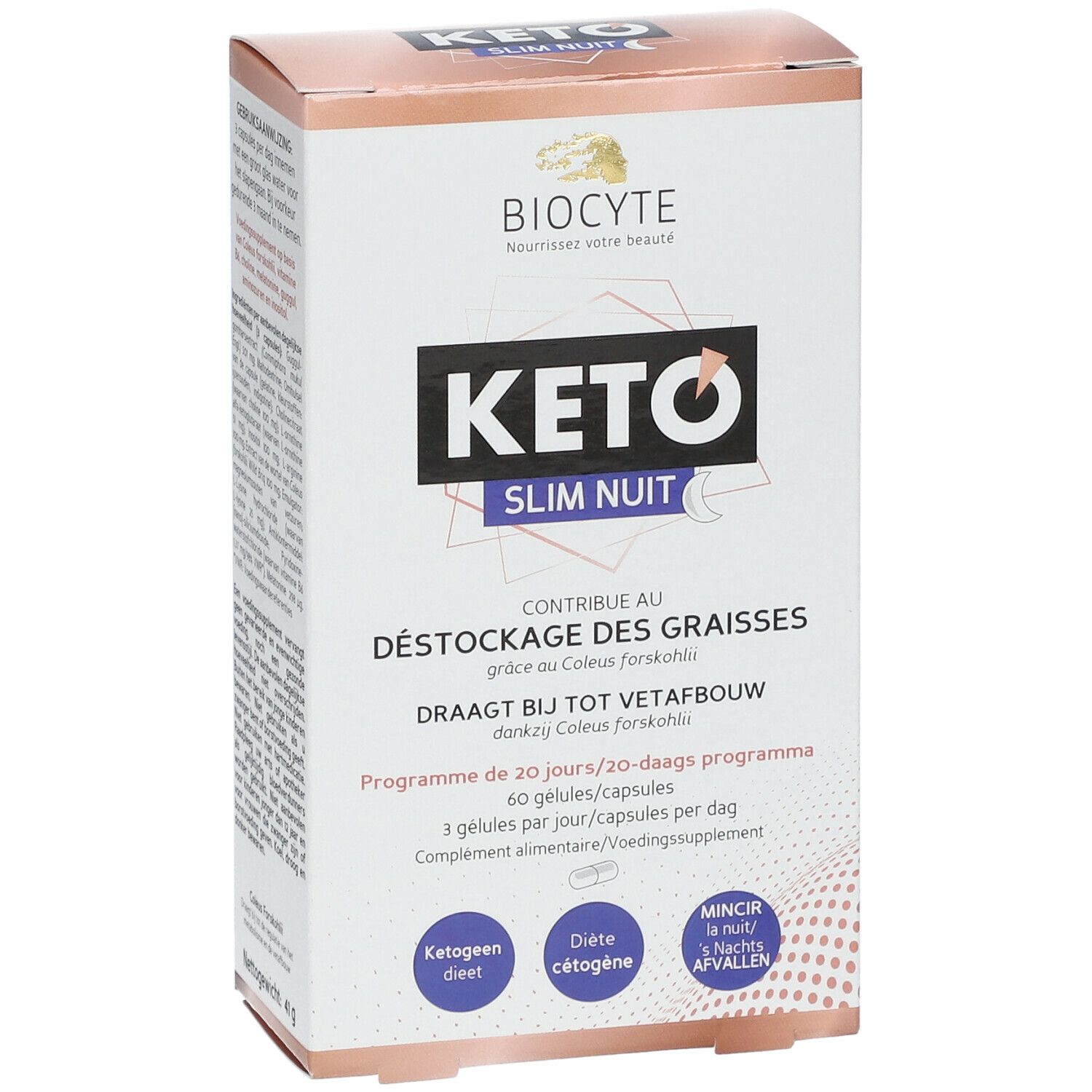 Boîte de produit avec nom et marque. Texte en français et néerlandais. Logos et informations sur le produit.