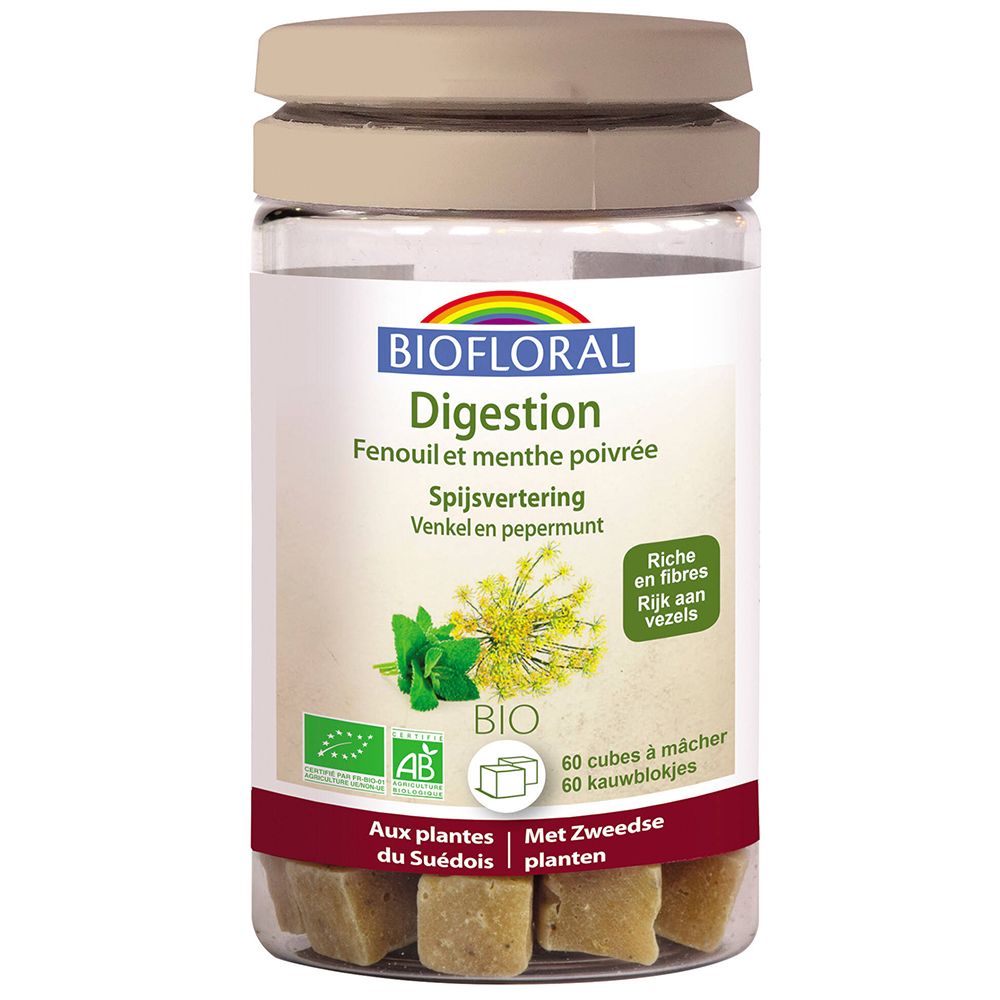 Biofloral Digestion in pot. Bevat 60 blokjes. Opschrift: Venkel en pepermunt. Met bio-label.