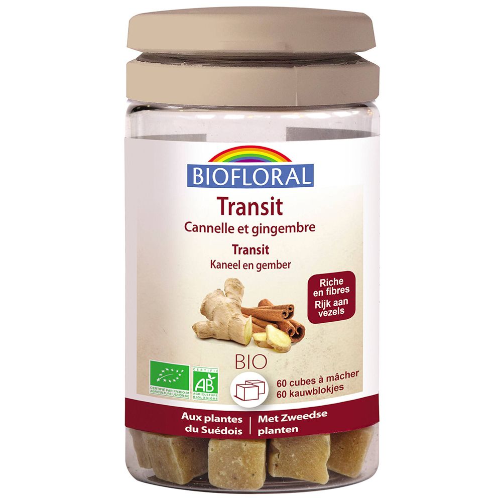Transparante pot met beige blokjes. Opschrift: Biofloral Transit, Kaneel en gember. Bio-label.