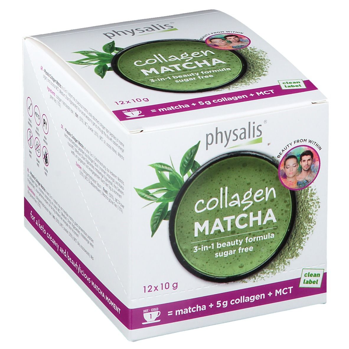 Witte doos Physalis Collagen Matcha. Groen logo met productnaam en bladeren. 12 x 10g. Suikervrij.