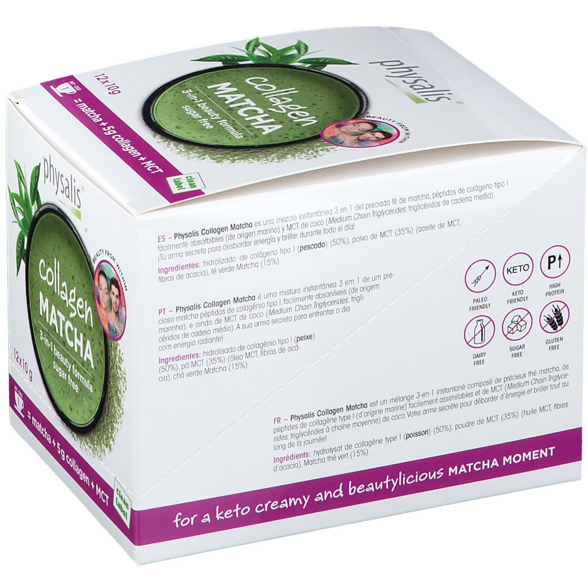 Achterkant van de witte Physalis Collagen Matcha doos. Productinformatie en ingrediënten in verschillende talen.