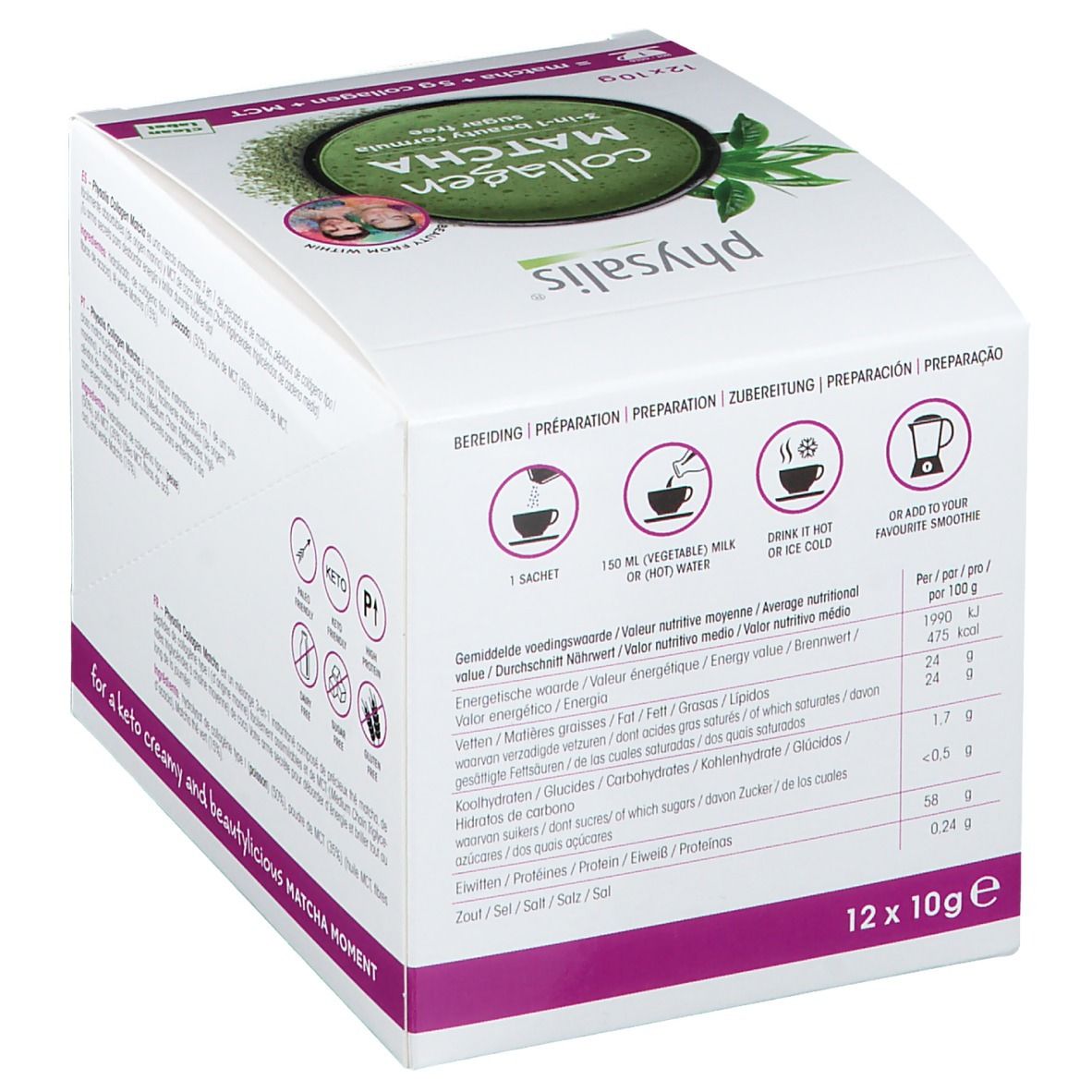 Witte Physalis Collagen Matcha doos met voedingswaarde-informatie en bereidingsinstructies. 12 x 10g.