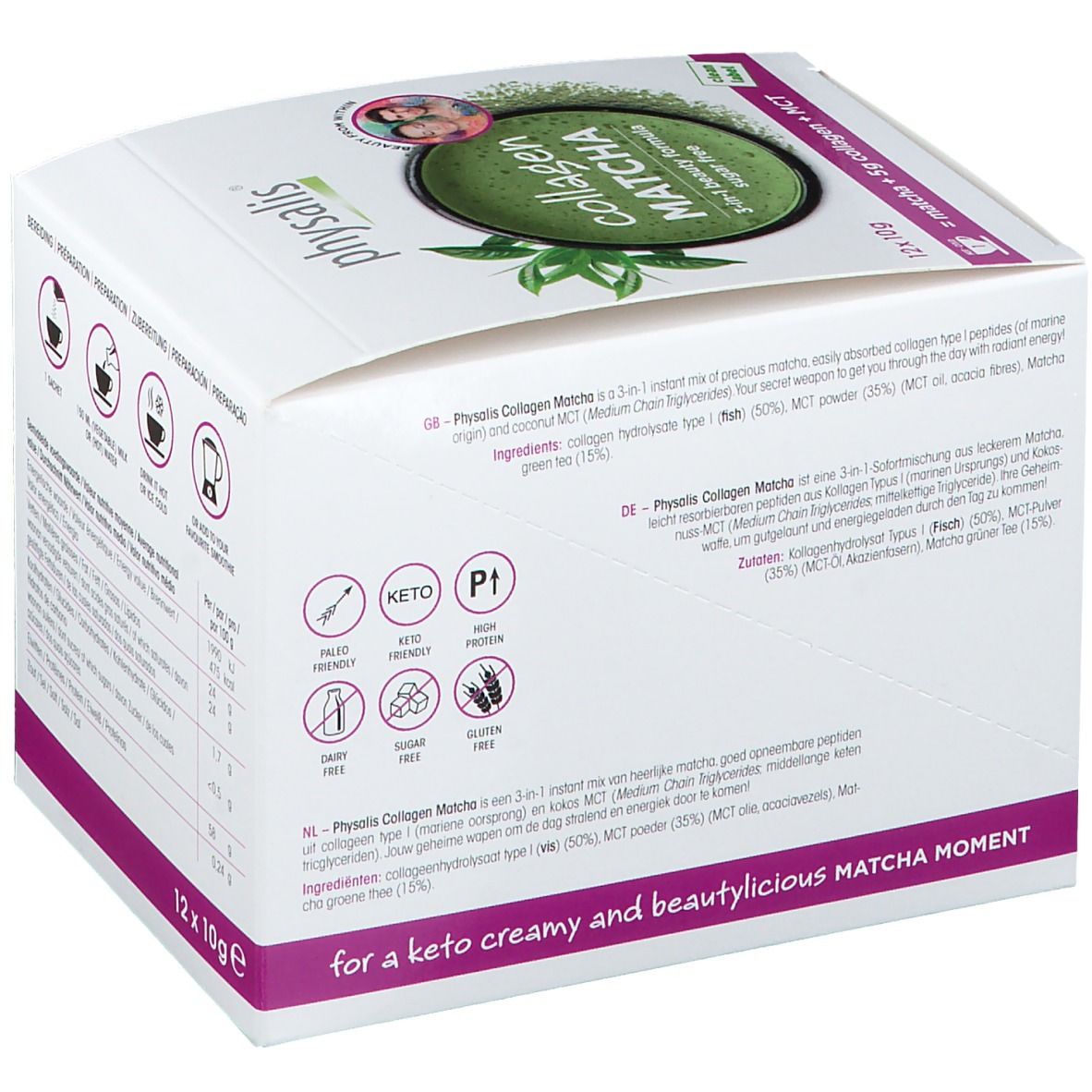 Witte Physalis Collagen Matcha doos met productinformatie en ingrediënten in verschillende talen. Keto logo.