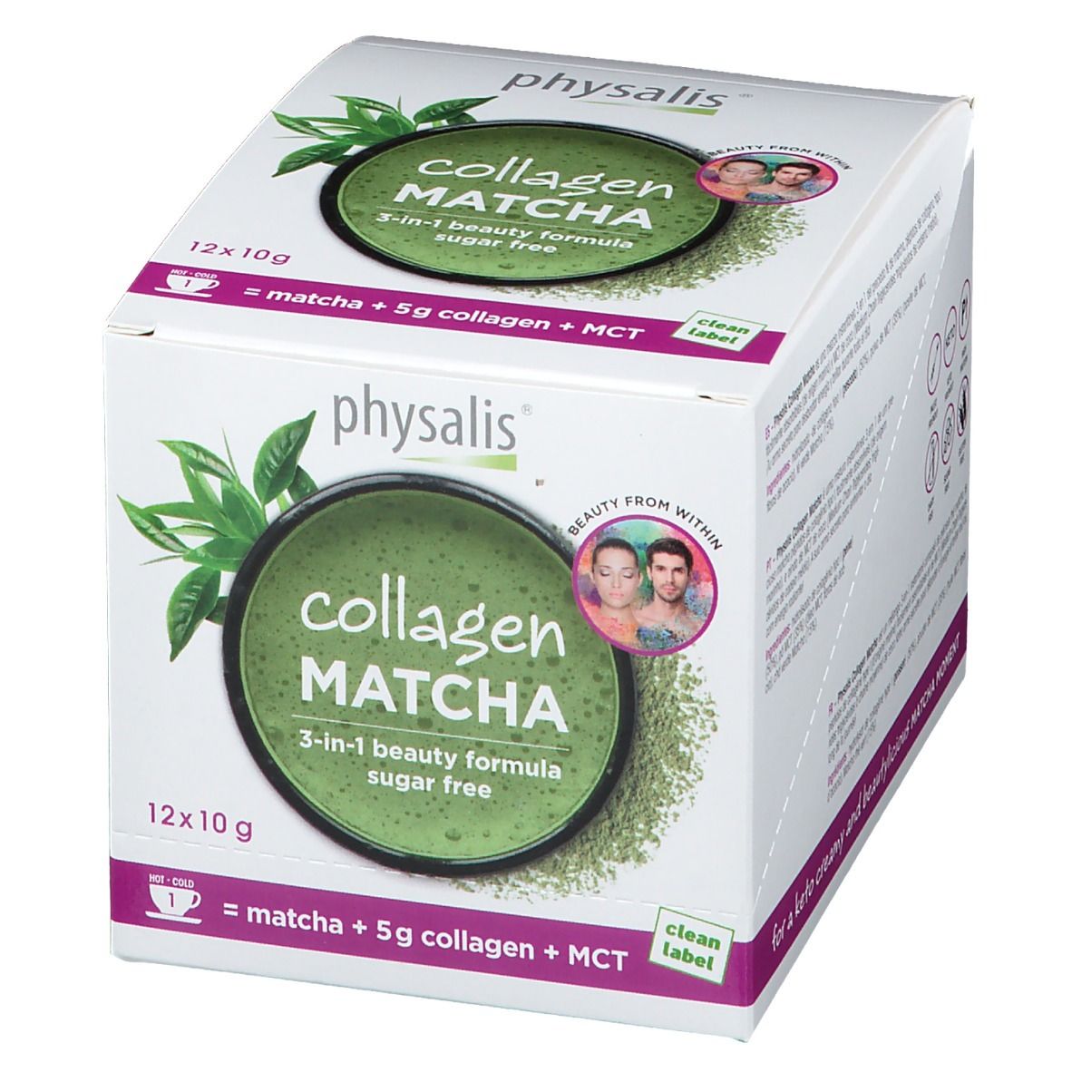 Witte doos Physalis Collagen Matcha. Groen logo met productnaam en bladeren. 12 x 10g. Suikervrij.