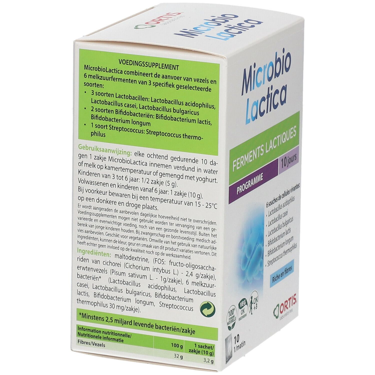 Boîte blanche "Microbio Lactica". Dos avec texte en néerlandais. Contient 10 sachets. Logo ORTIS.