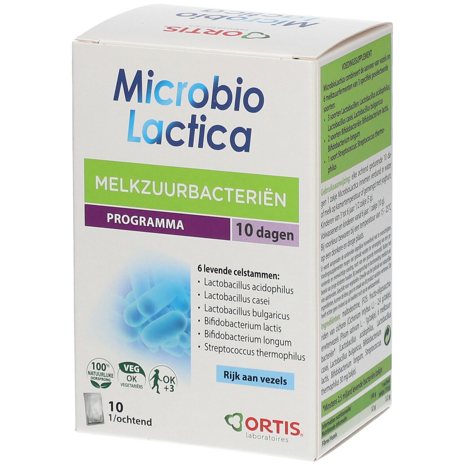Boîte blanche "Microbio Lactica". Texte : "Melkzuurbacteriën", "Programme 10 dagen". Contient 10 sachets. Logo ORTIS.