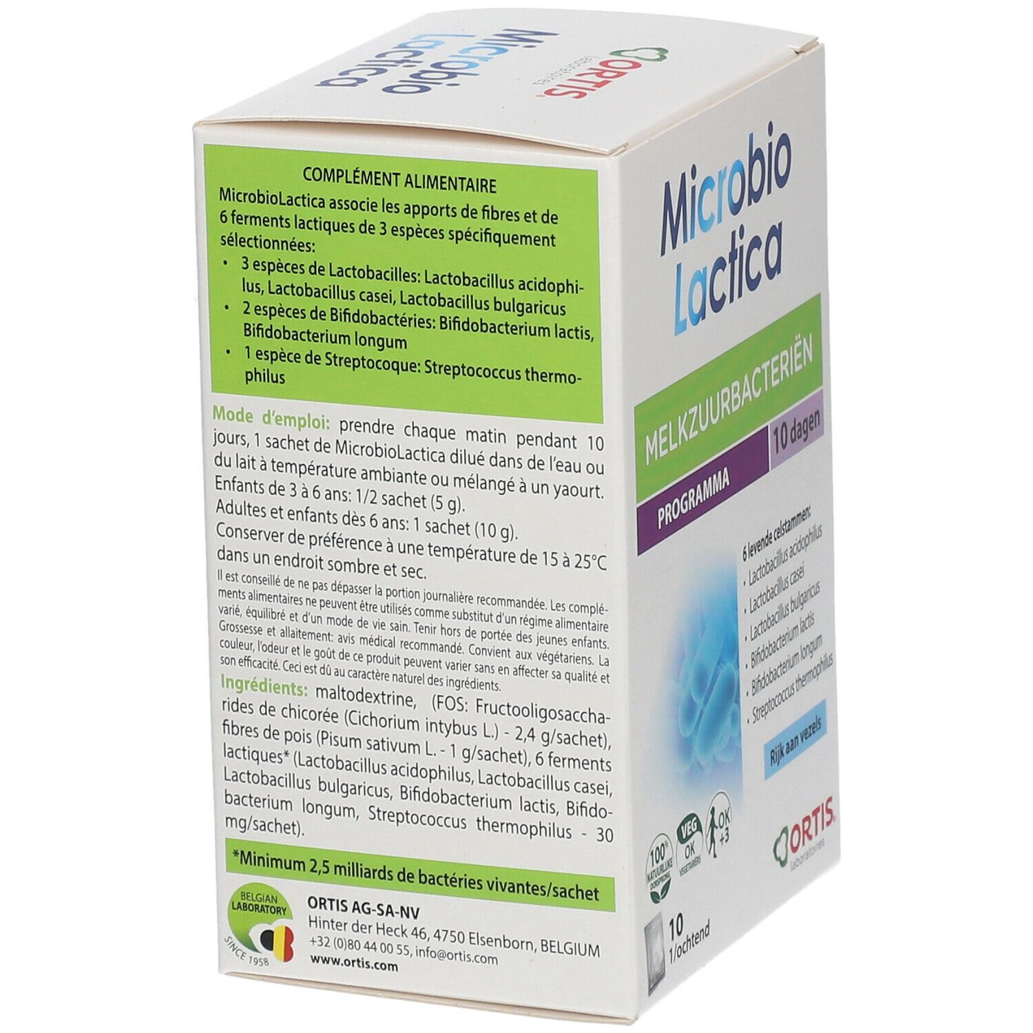 Boîte blanche "Microbio Lactica". Dos avec texte en néerlandais. Contient 10 sachets. Logo ORTIS.