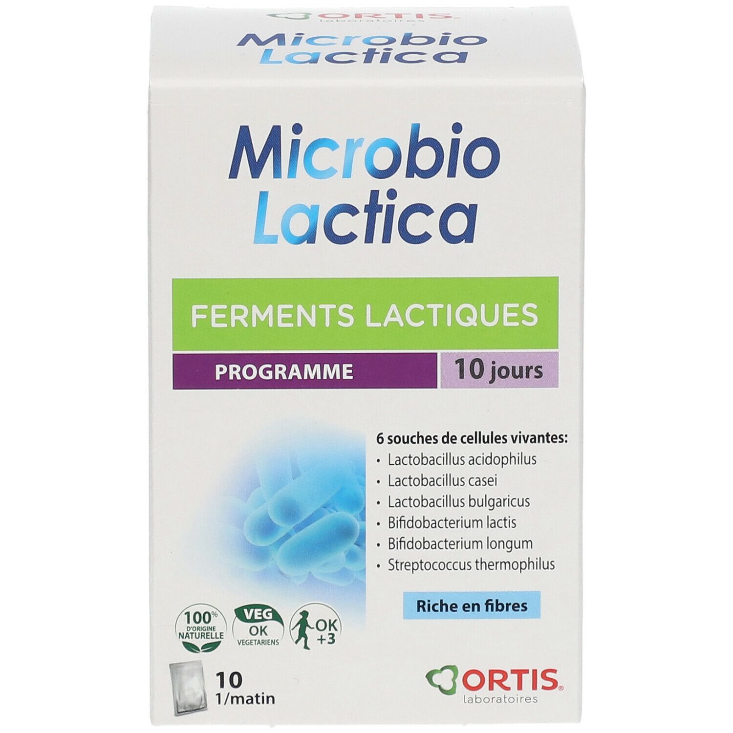 Boîte blanche "Microbio Lactica". Texte : "Ferments Lactiques", "Programme 10 jours". Contient 10 sachets. Logo ORTIS.