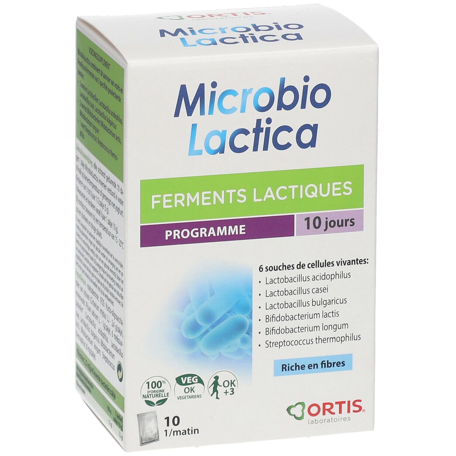 Boîte blanche "Microbio Lactica". Texte : "Ferments Lactiques", "Programme 10 jours". Contient 10 sachets. Logo ORTIS.