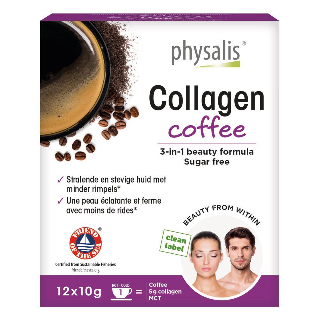 Boîte de Physalis Collagen Coffee. 12 x 10g. Formule 3-en-1. Sans sucre. Illustration de café et grains de café.