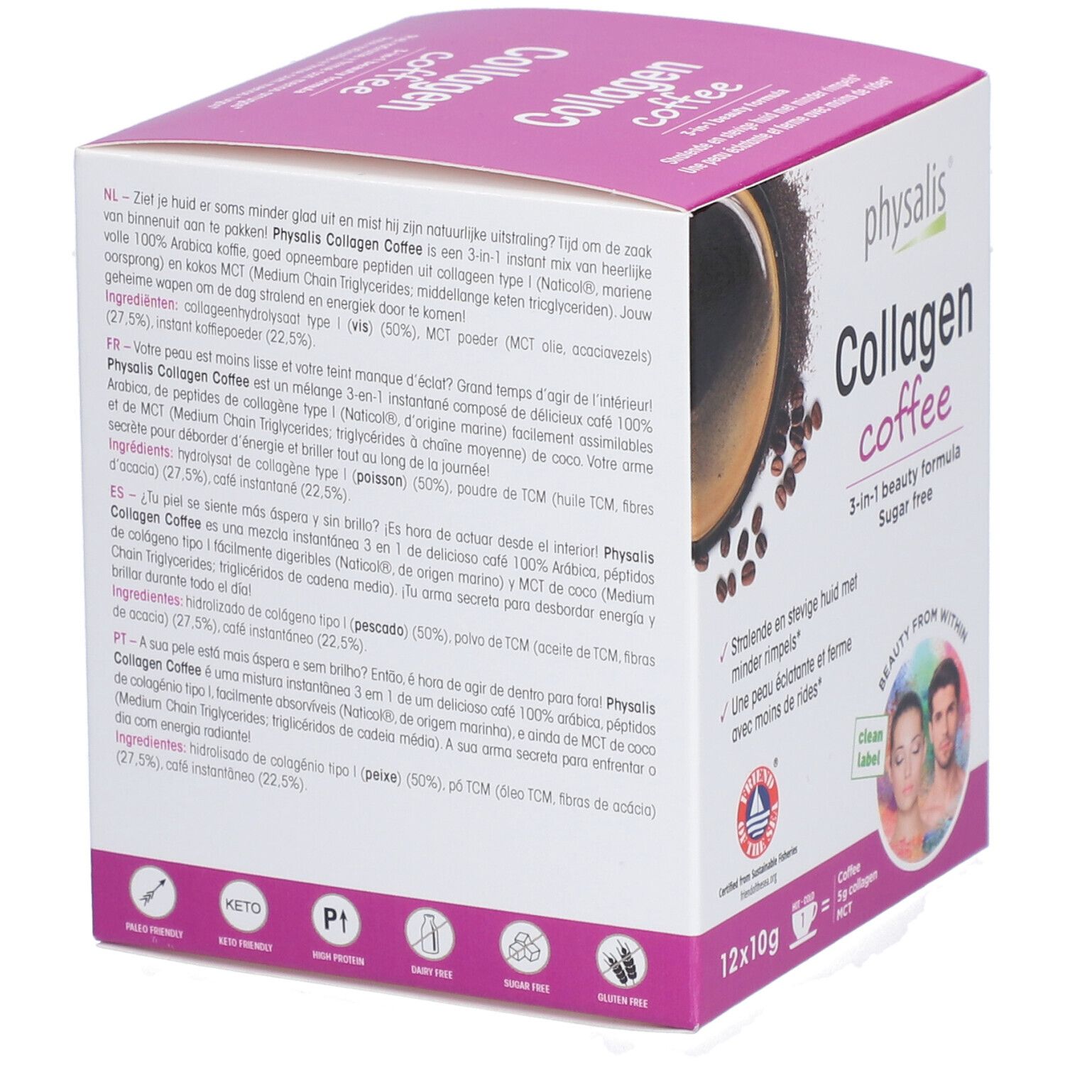 Dos de la boîte de Physalis Collagen Coffee. Contient des informations sur les ingrédients et les valeurs nutritionnelles.