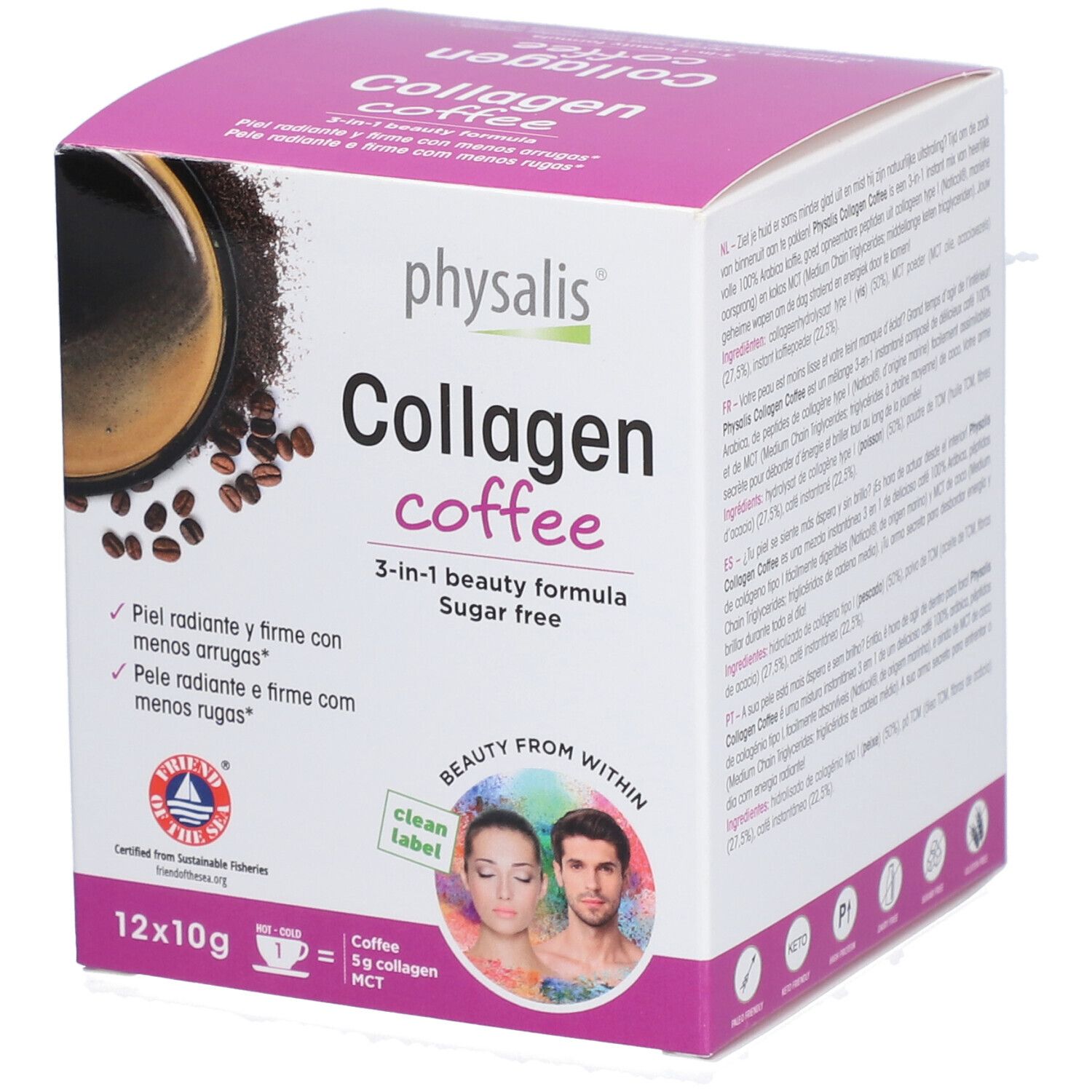 Boîte de Physalis Collagen Coffee. 12 x 10g. Formule 3-en-1. Sans sucre. Illustration de café et grains de café.