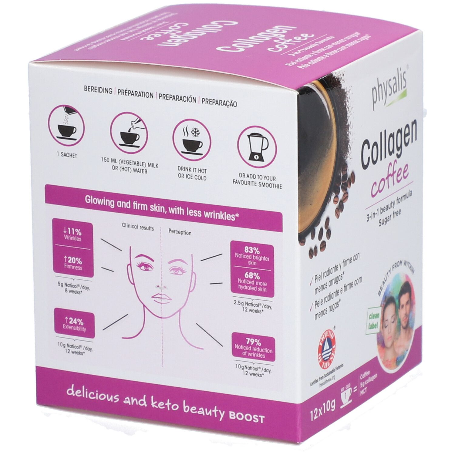 Boîte de Physalis Collagen Coffee. Montre les instructions de préparation et les résultats. 12 x 10g. Formule 3-en-1.