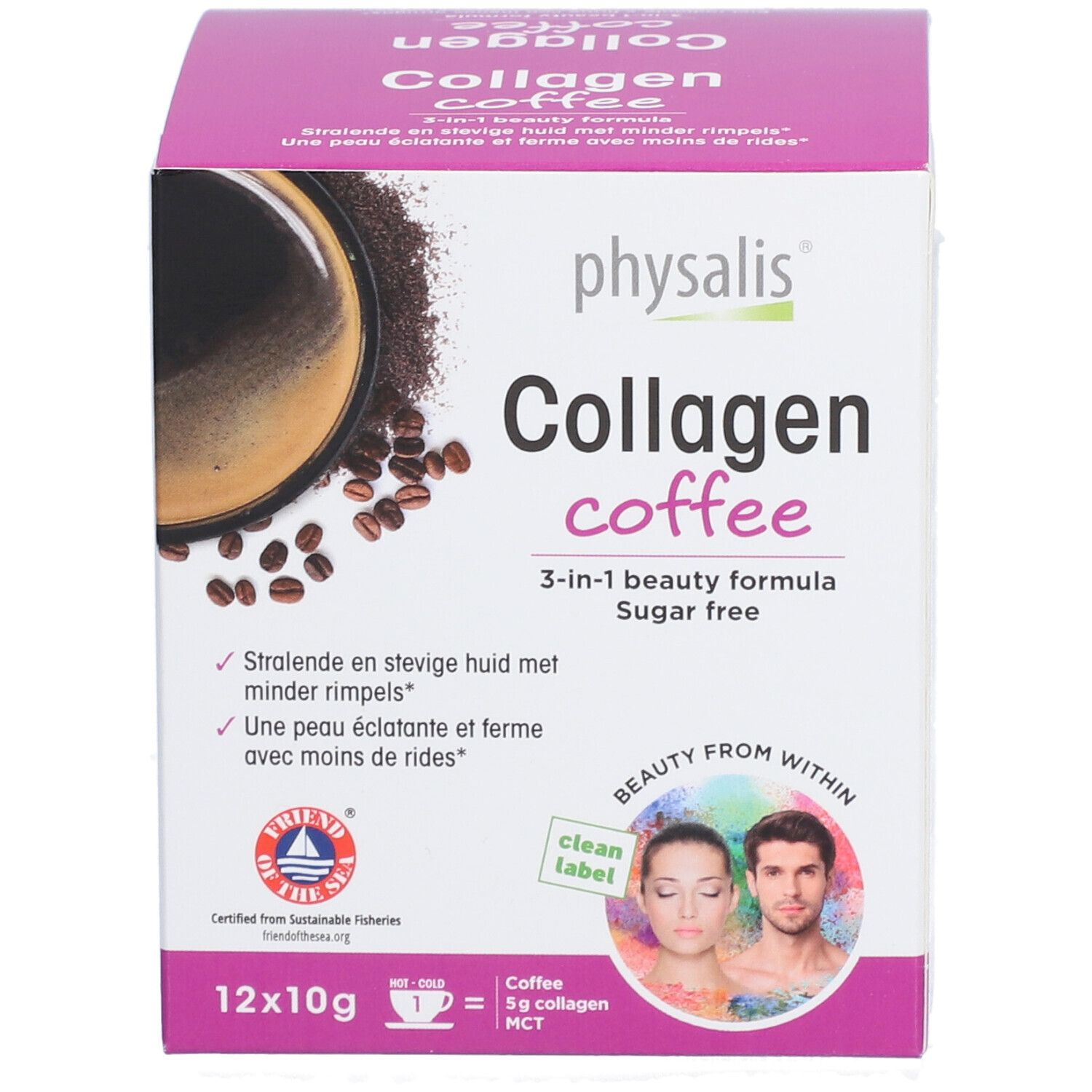 Boîte de Physalis Collagen Coffee. 12 x 10g. Formule 3-en-1. Sans sucre. Illustration de café et grains de café.