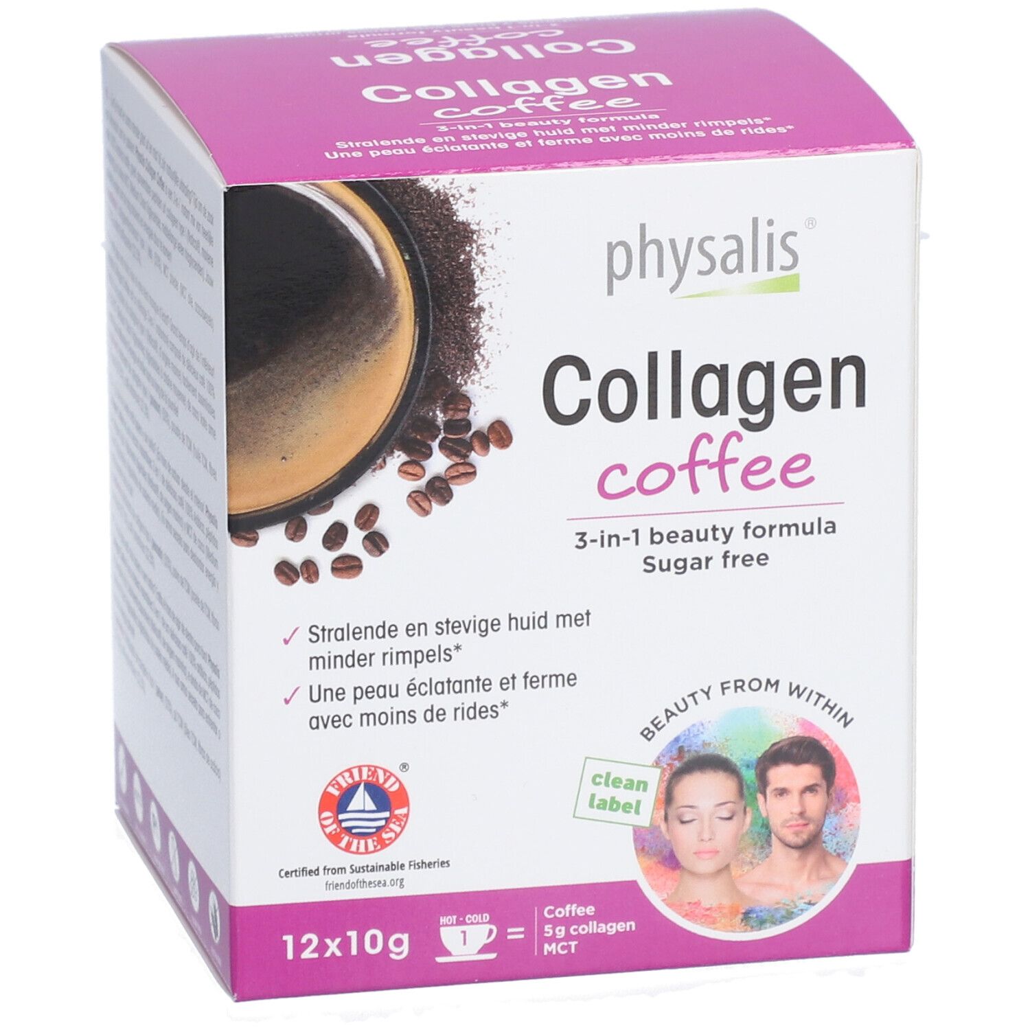 Boîte de Physalis Collagen Coffee. 12 x 10g. Formule 3-en-1. Sans sucre. Illustration de café et grains de café.
