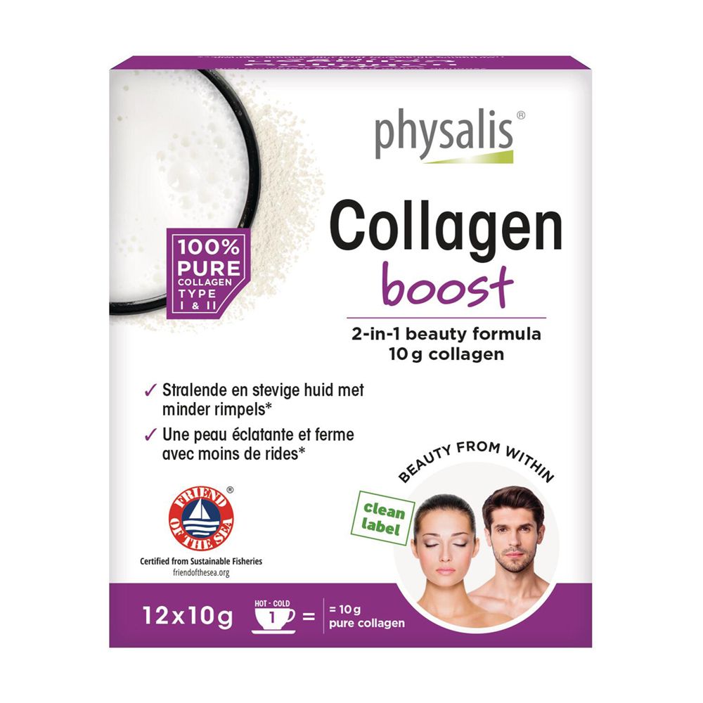 Vorderseite der physalis® Collagen Boost Verpackung. Rosa-weiße Schachtel mit Produktnamen und Logo.