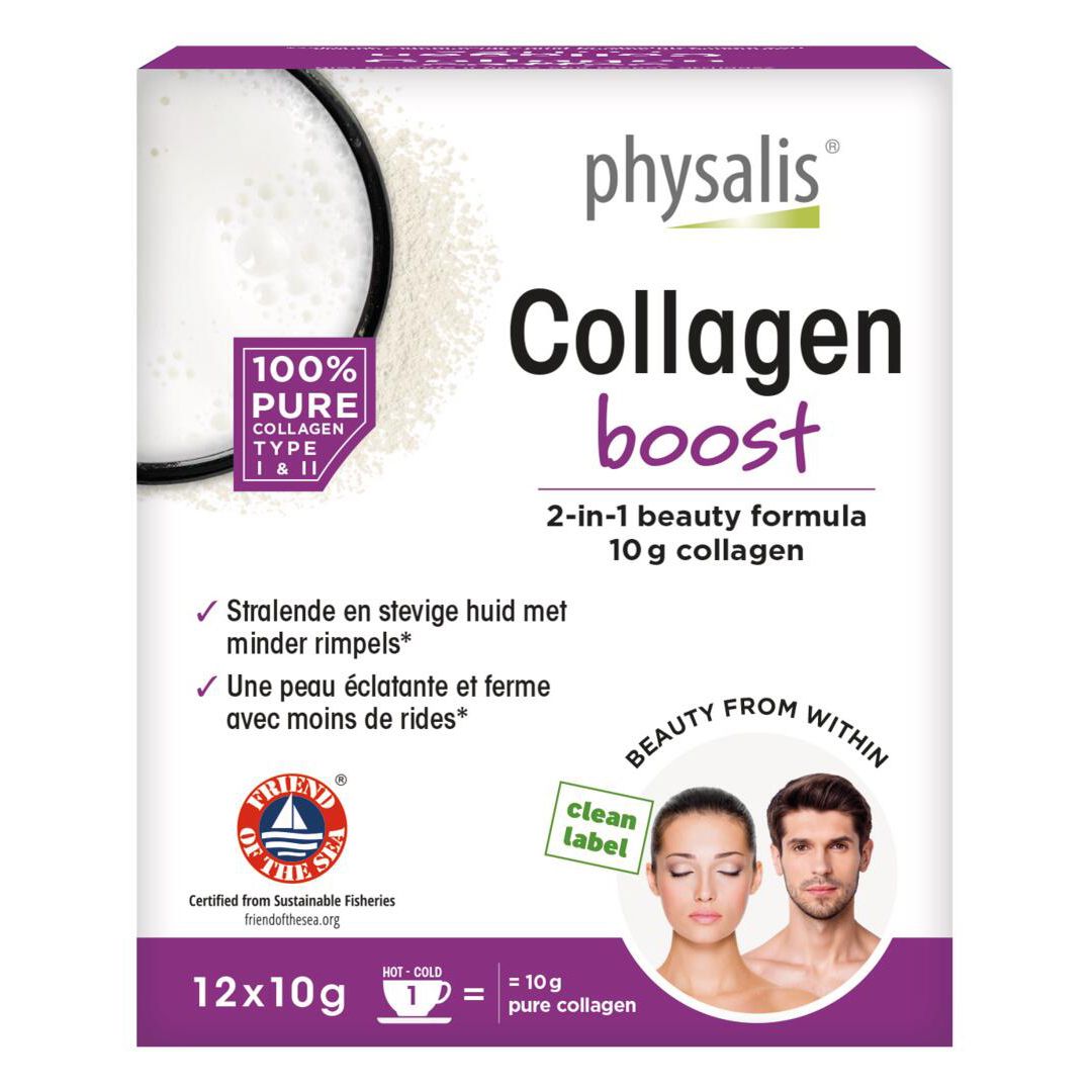 Face avant de la boîte physalis® Collagen Boost. Boîte rose et blanche avec nom et logo.