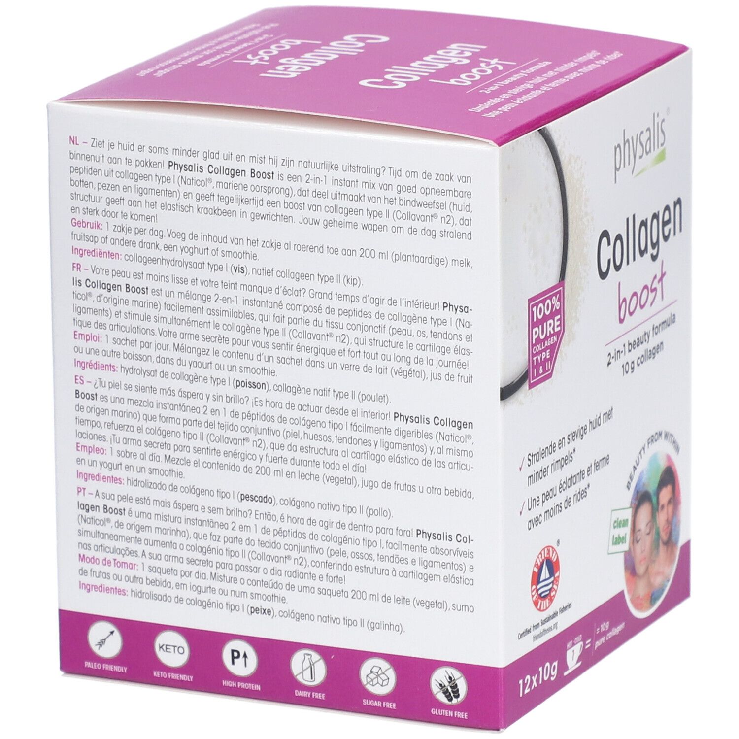 Dos de la boîte physalis® Collagen Boost. Texte multilingue, ingrédients et logo.