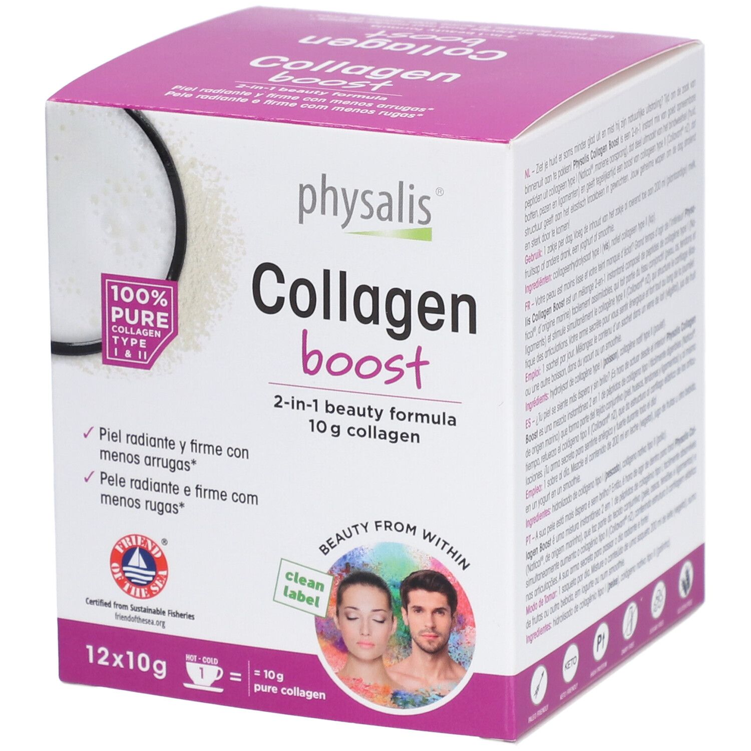 Boîte de physalis® Collagen Boost. Rose et blanche, avec nom du produit, informations et logo.