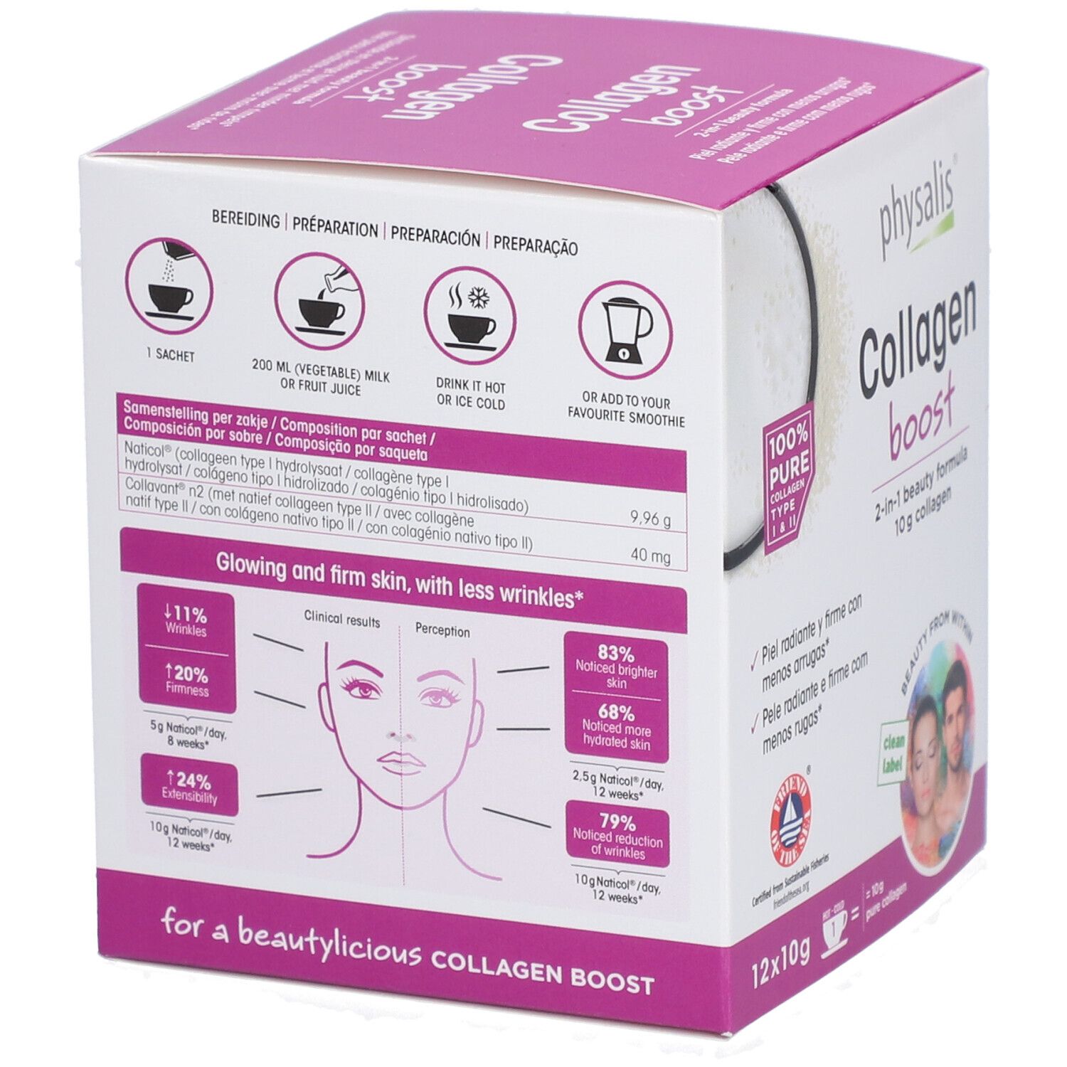 Dos de la boîte physalis® Collagen Boost. Instructions de préparation, ingrédients et logo.