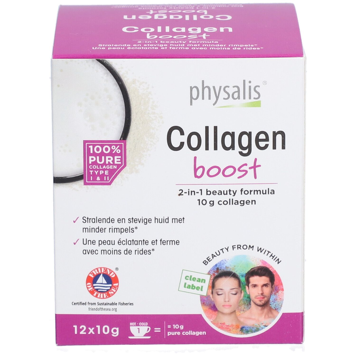 Boîte de physalis® Collagen Boost. Rose et blanche, avec nom du produit, informations et logo.