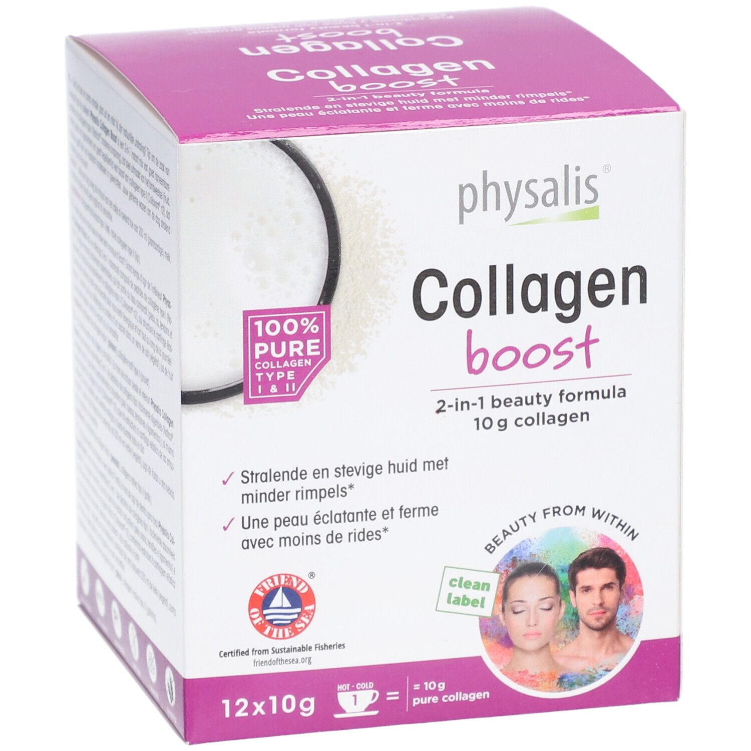 Boîte de physalis® Collagen Boost. Rose et blanche, avec nom du produit, informations et logo.