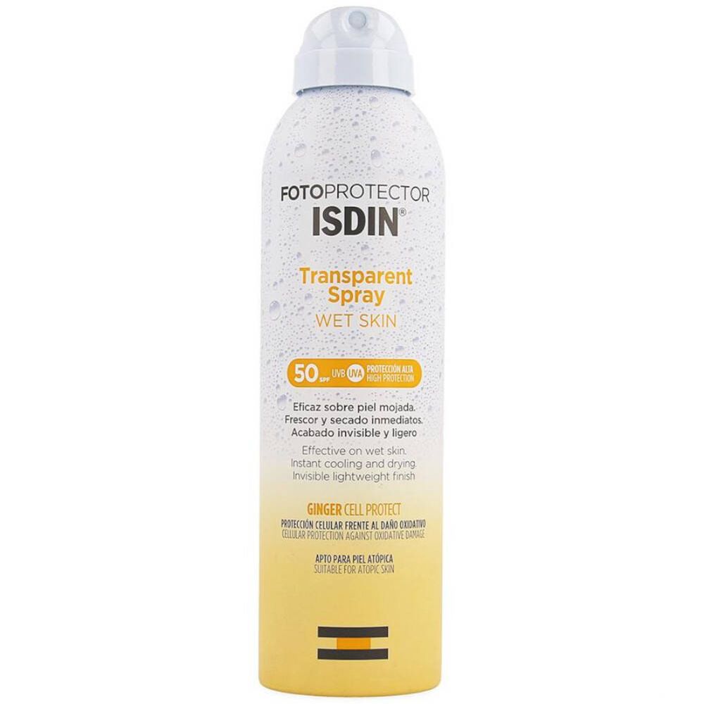 Spray solaire avec tête blanche. Texte: FOTOPROTECTOR, Transparent Spray, WET SKIN, 50 SPF. Dégradé de couleurs jaune-orange.